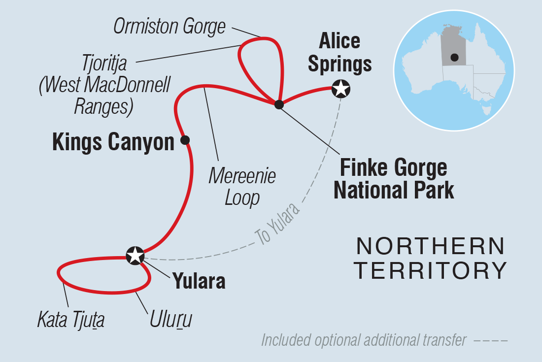 Map of Red Centre & Uluru Explorer including Australia