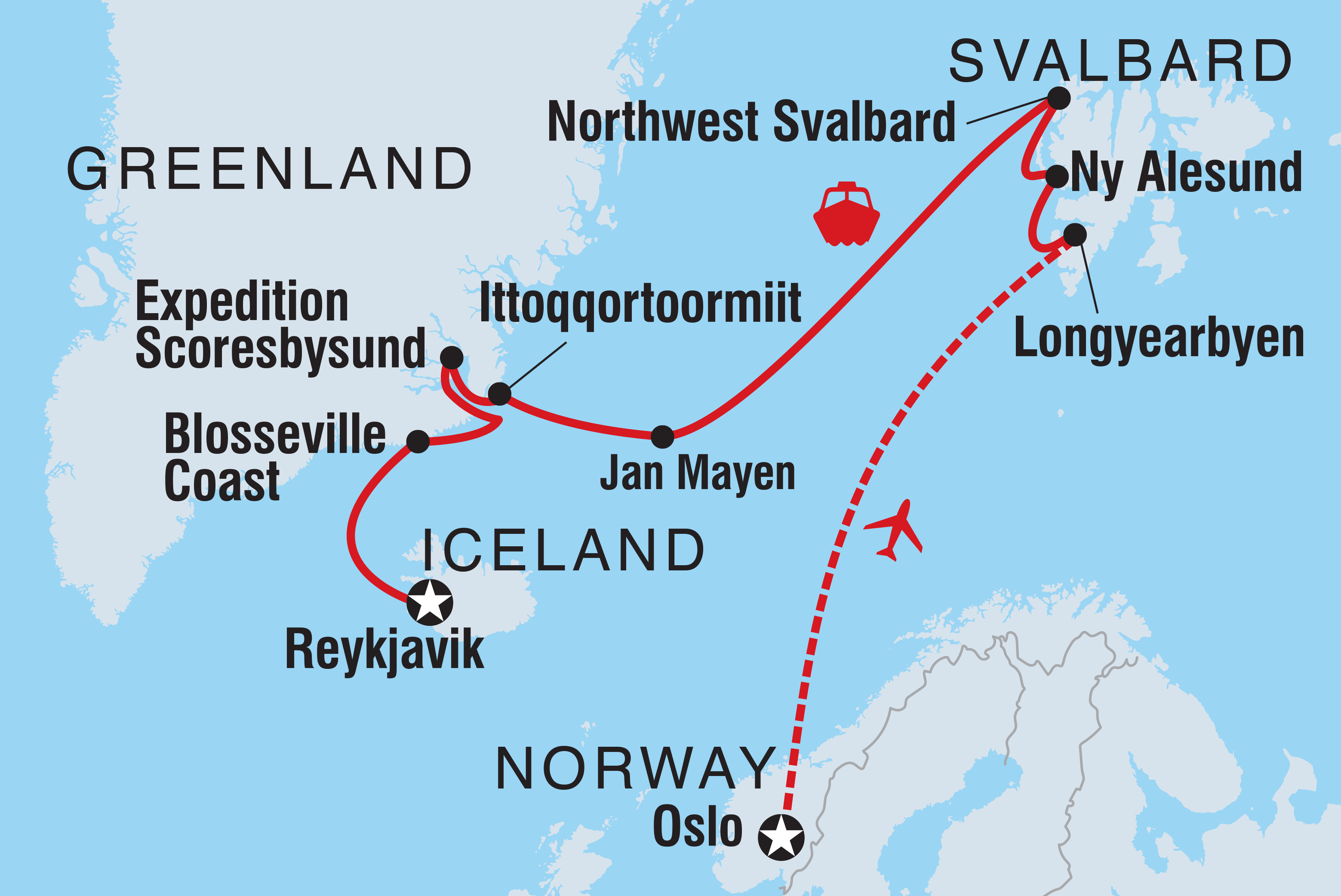 Map of Four Arctic Islands: The Southbound Journey (Ocean Albatros) including Greenland, Iceland, Norway, Svalbard And Jan Mayen Islands and Arctic