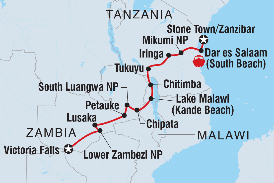 Map of Vic Falls To Stone Town including Malawi, Tanzania, United Republic Of, Zambia and Zimbabwe
