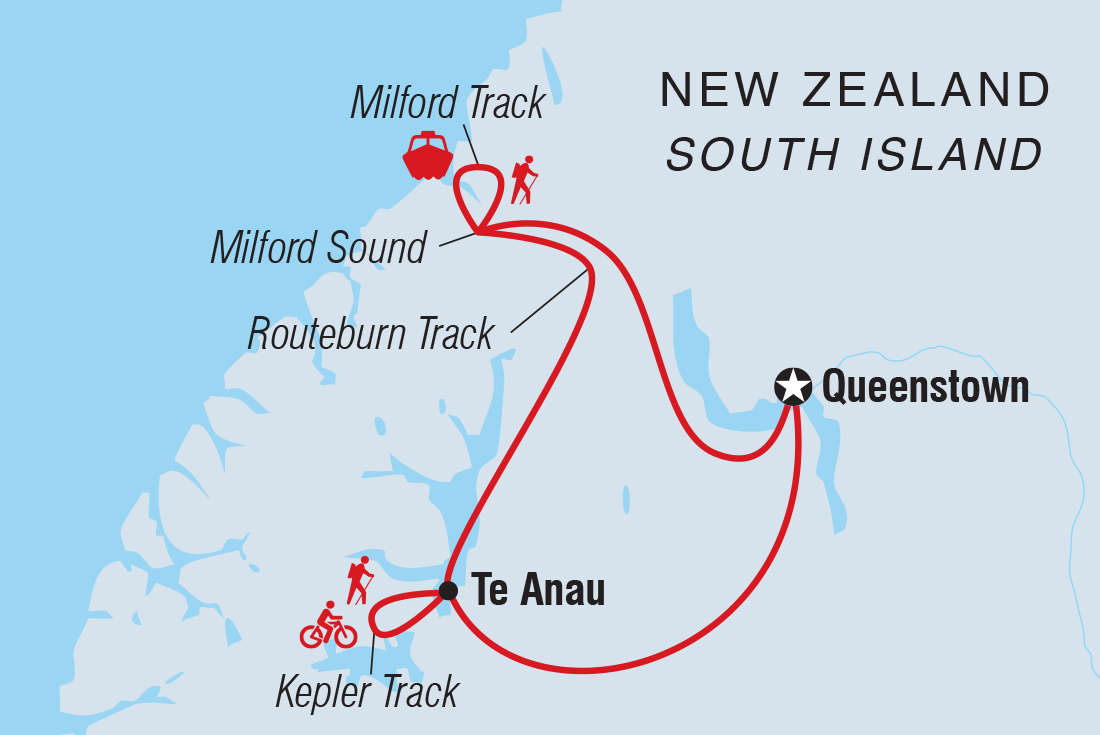 Map of Walk New Zealand's Fiordland National Park including New Zealand