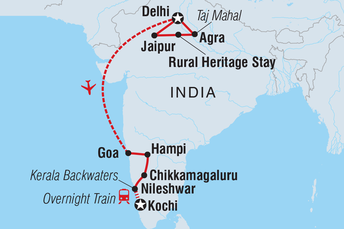 Map of India's Golden Triangle & Southern Highlights including India