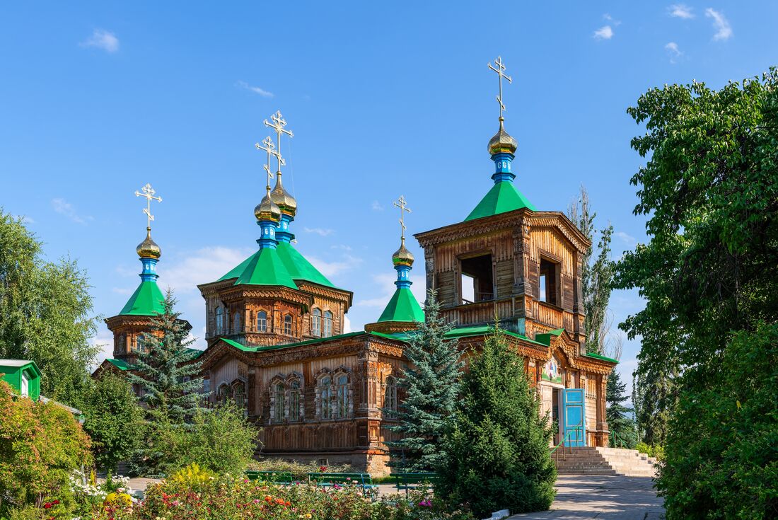 Famous green rooved Holy Trinity Church of Karakol in Kyrgyzstan