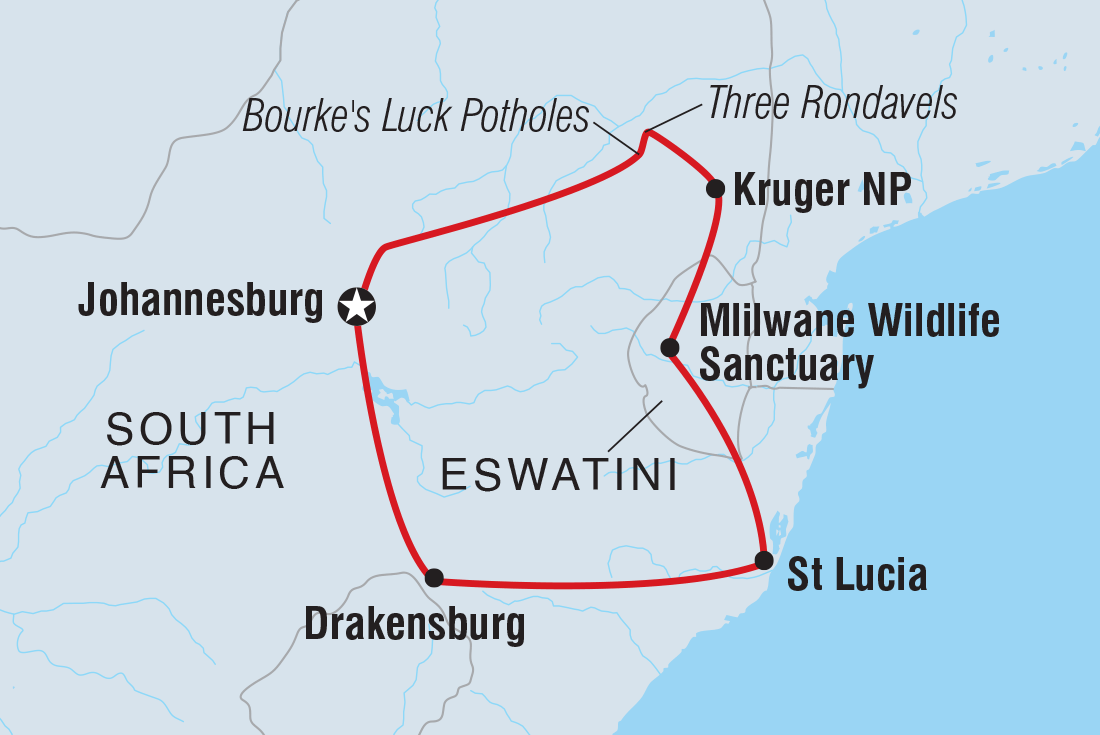 Map of South Africa's Kruger & Coast Adventure including South Africa and Swaziland