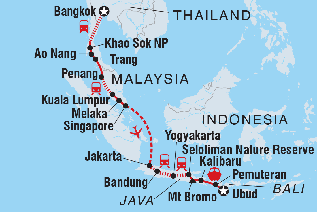 Map of Bangkok To Bali including Indonesia, Malaysia, Singapore and Thailand