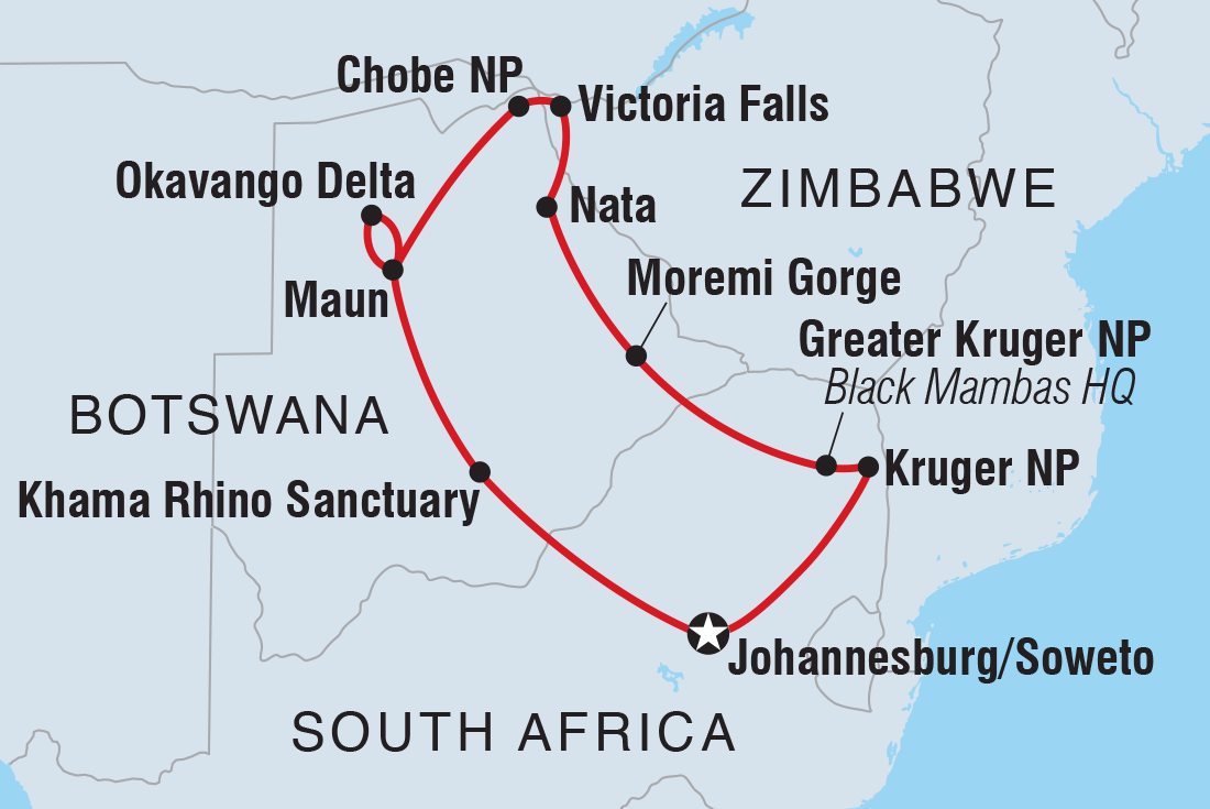 Map of Experience Southern Africa including Botswana, South Africa and Zimbabwe