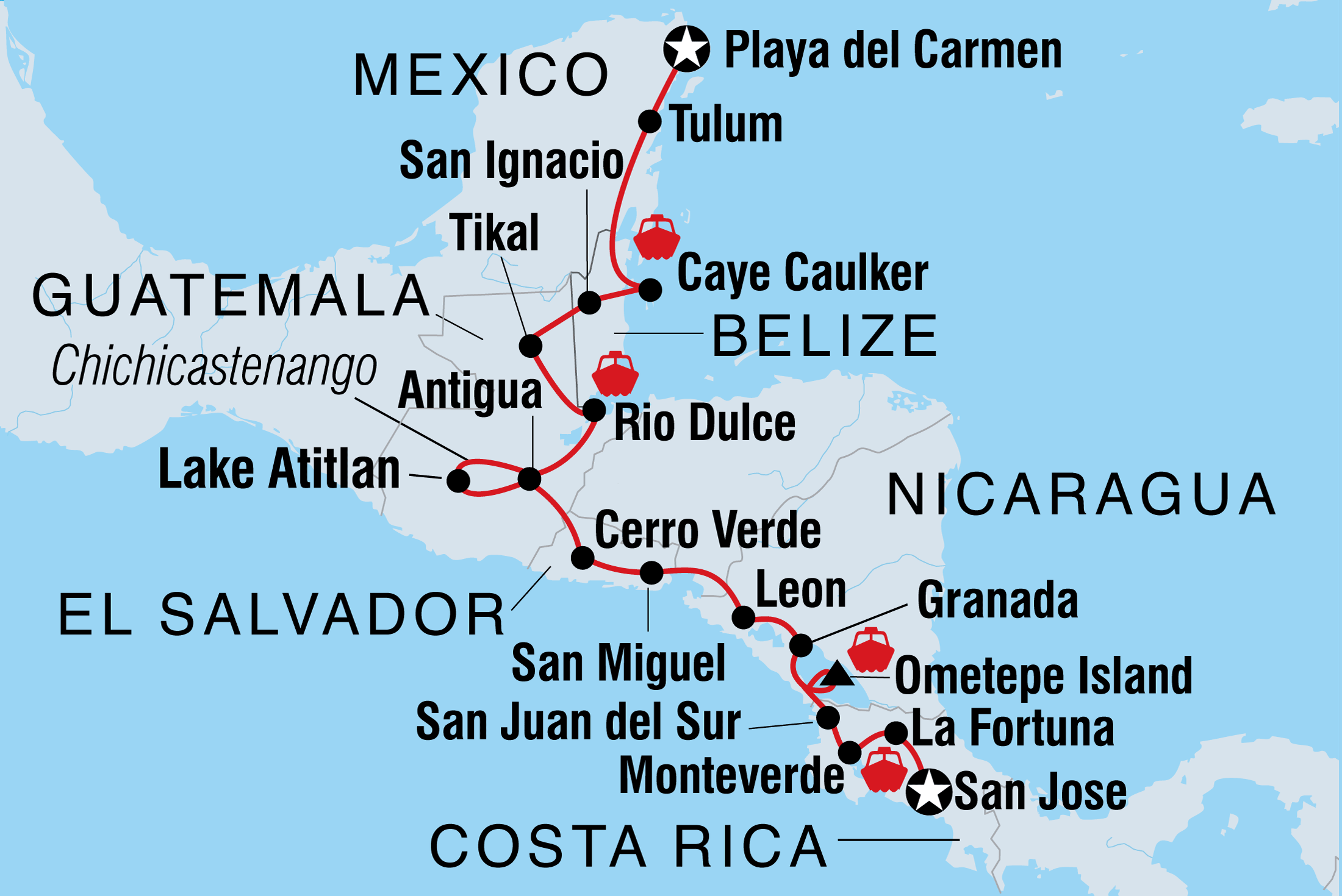 Map of 18 To 35S Epic Mexico To Costa Rica including Belize, Costa Rica, El Salvador, Guatemala, Honduras, Mexico and Nicaragua