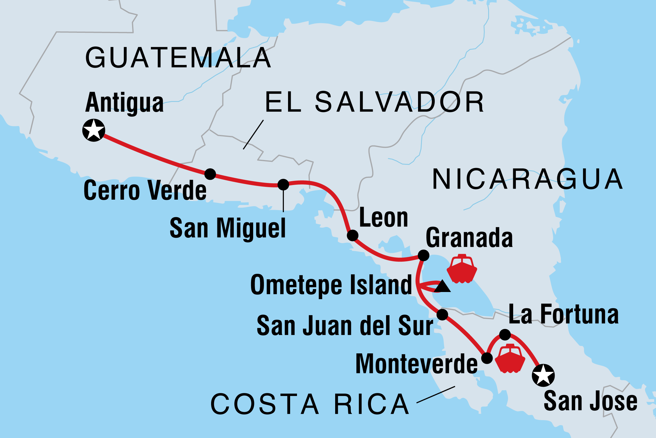 Map of 18 To 35S Real Guatemala To Costa Rica including Costa Rica, El Salvador, Guatemala, Honduras and Nicaragua