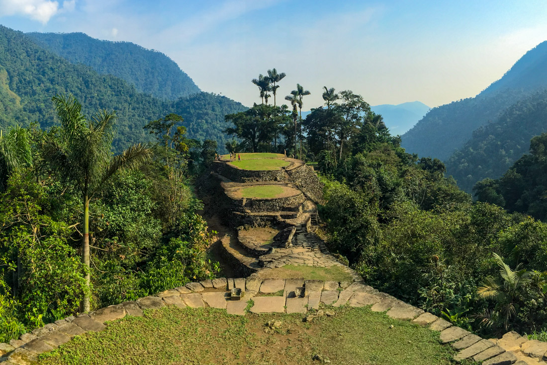 Travellers look around the Lost City of the Tayrona people sits in the Sierra Nevada mountains in northwestern Colombia