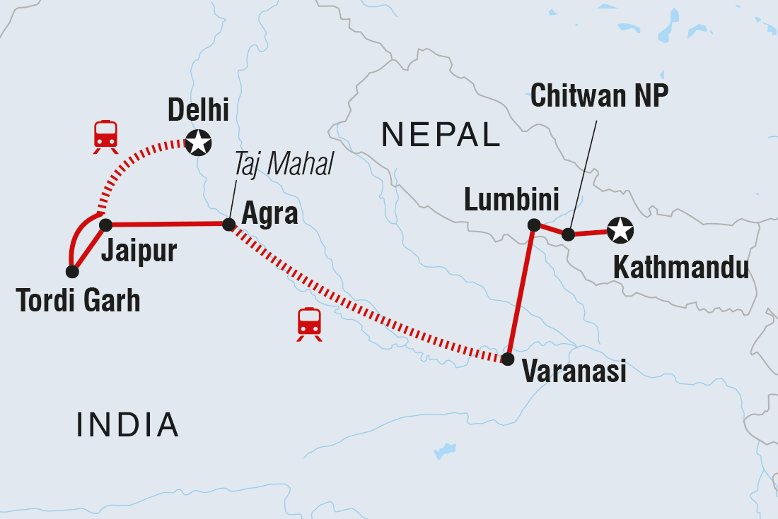 Map of 18 To 35S Real Delhi To Kathmandu including India and Nepal