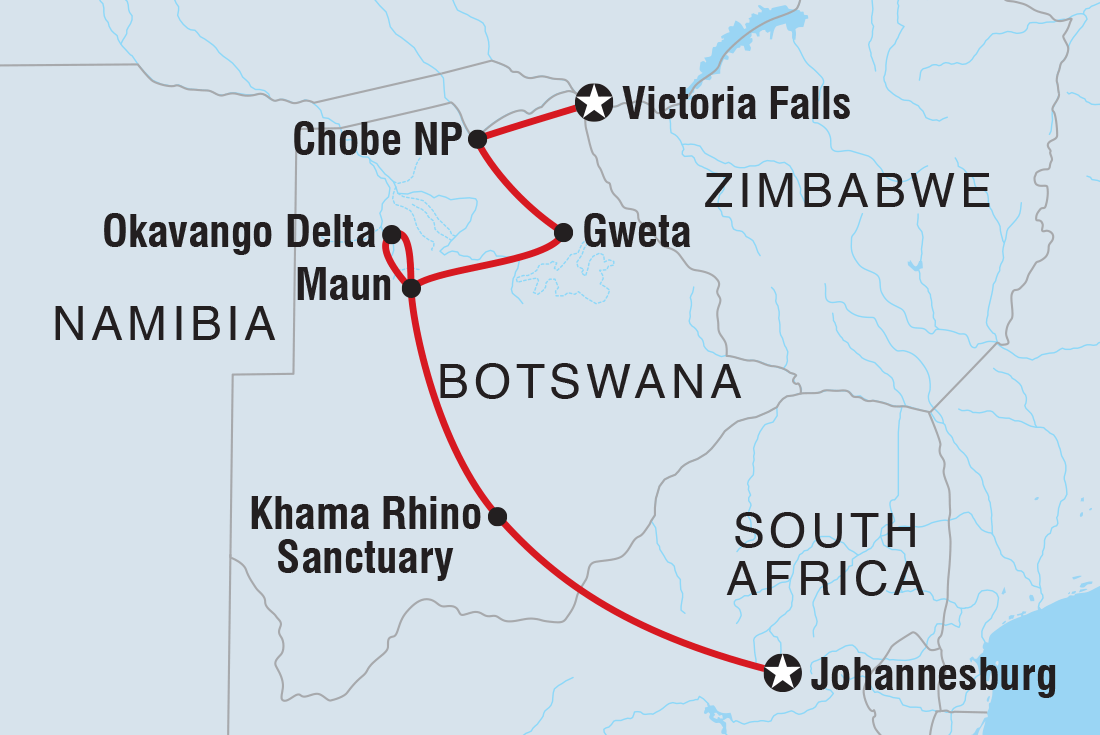 Map of 18 To 35S Essential Botswana including Botswana, South Africa and Zimbabwe