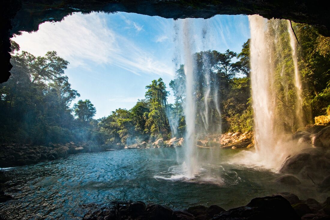 View from the cave behind Misol-ha waterfall in the Yucatan, Mexico 