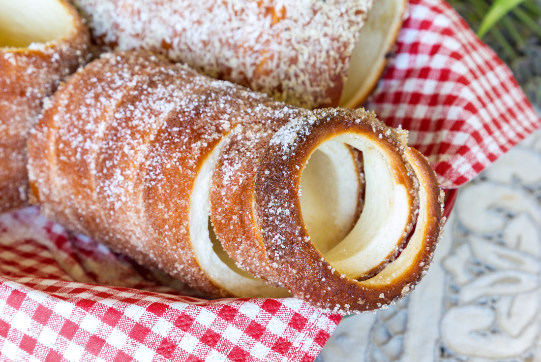 Sweet sugared spiral cut chimney cakes from Transylvania