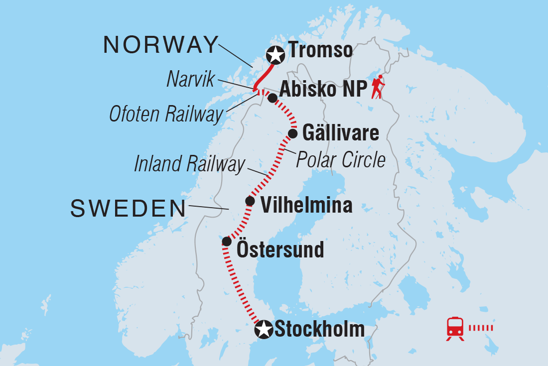 Map of Northern Sweden By Rail including Norway and Sweden