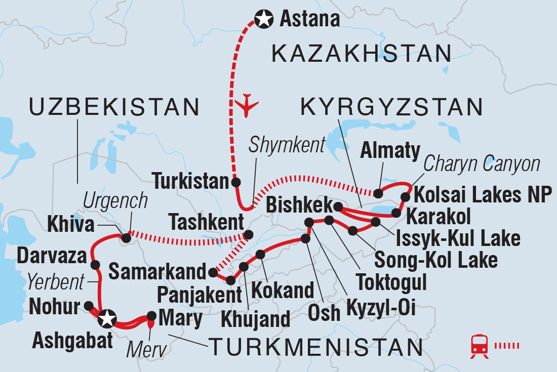 Map of Central Asia Adventure: Astana To Ashgabat including Kazakhstan, Kyrgyzstan, Tajikistan, Turkmenistan and Uzbekistan