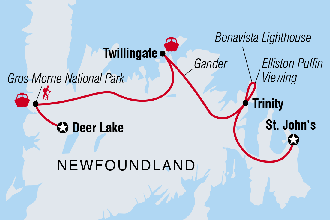 Map of Newfoundland Adventure: Westbound including Canada