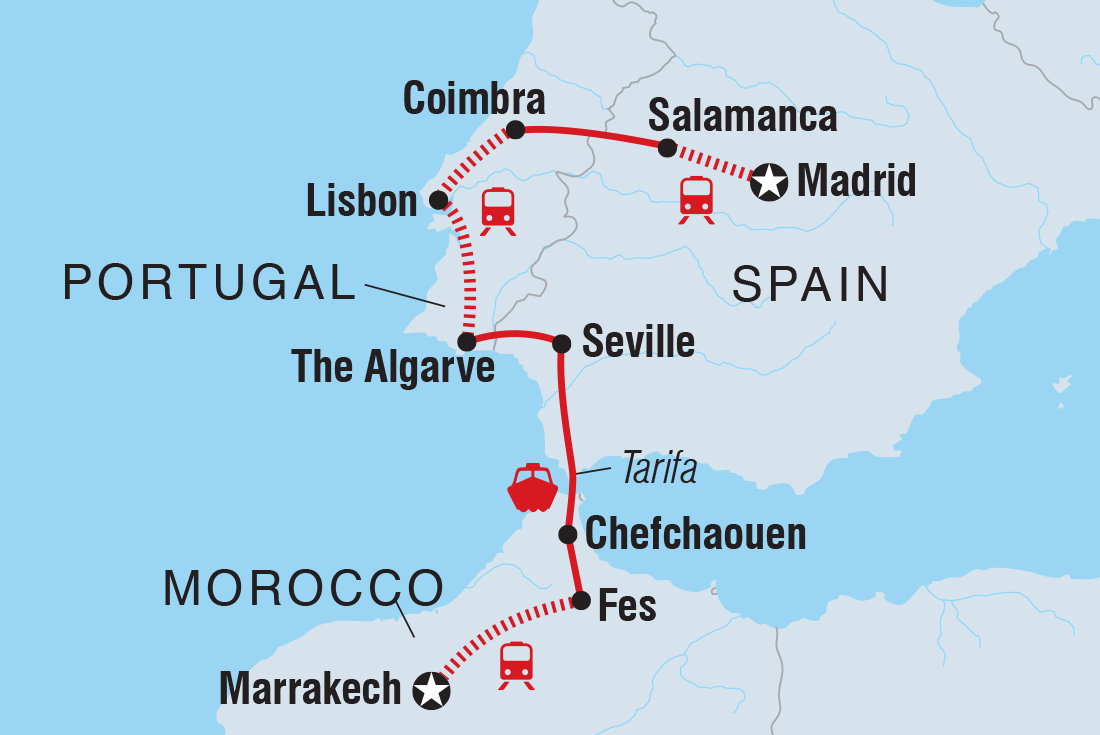Map of Madrid To Marrakech including Morocco, Portugal and Spain