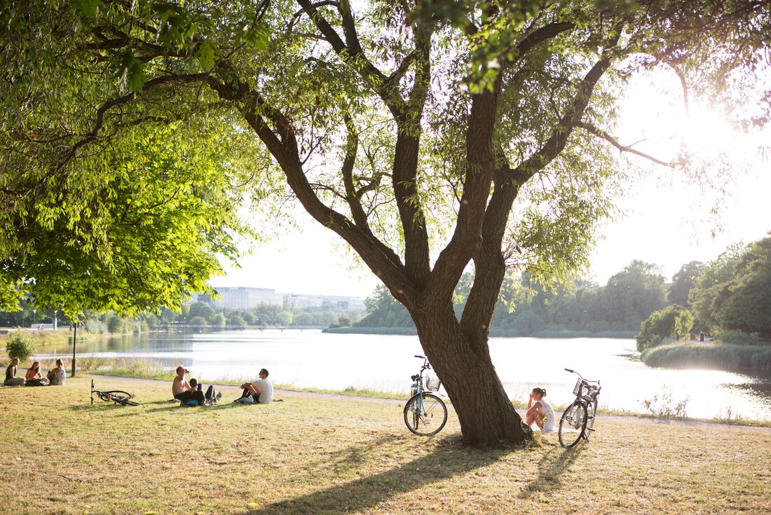 Travellers relax on a sunny day picnicking by the Copenhagen river