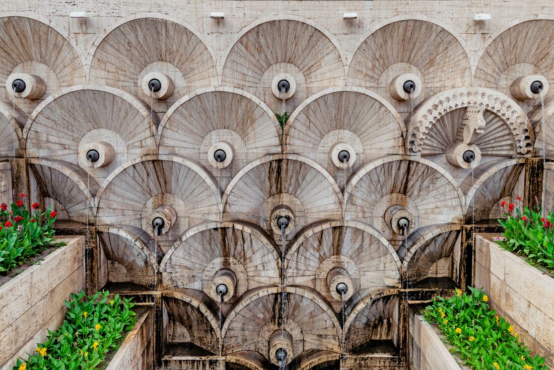 Yeveran Cascade complex architectural details with plant life nearby details