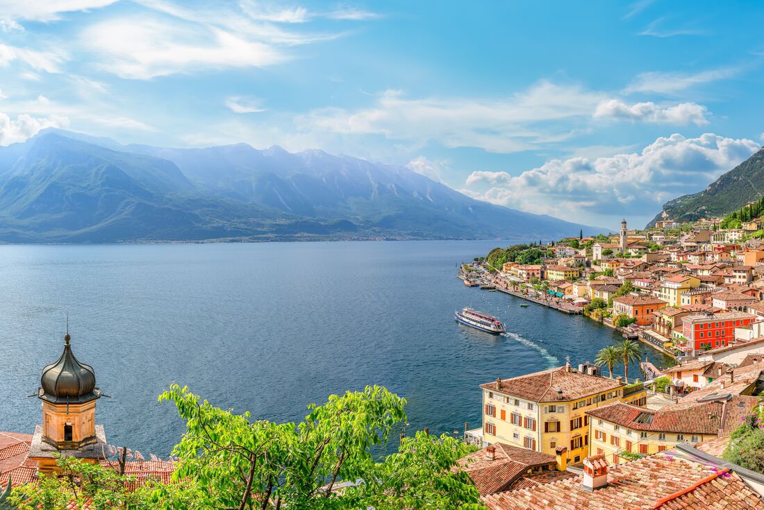 A sunny day over Lake Garda in the mountains of Italy