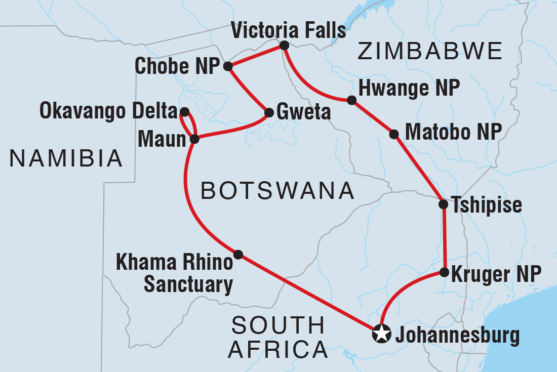 Map of 18 To 35S Real Southern Africa including Botswana, South Africa and Zimbabwe