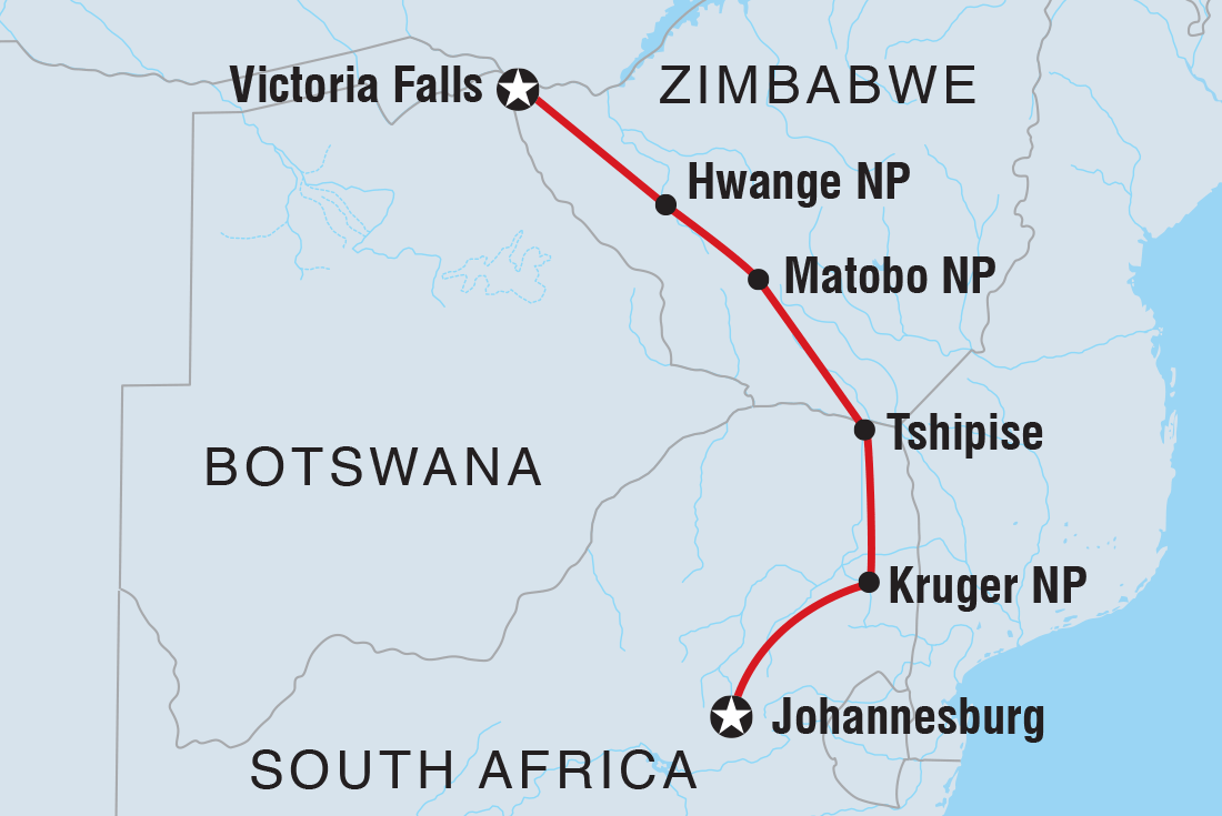 Map of 18 To 35S Essential African Safari including South Africa and Zimbabwe
