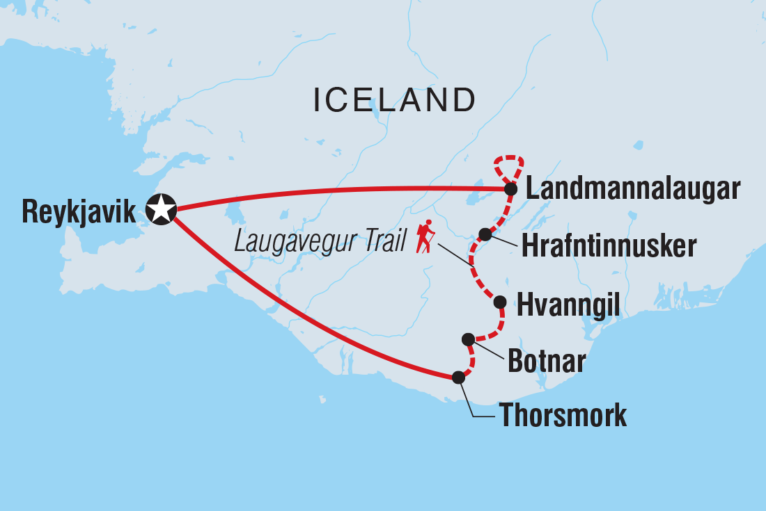 Map of Iceland's Laugavegur Trail including Iceland