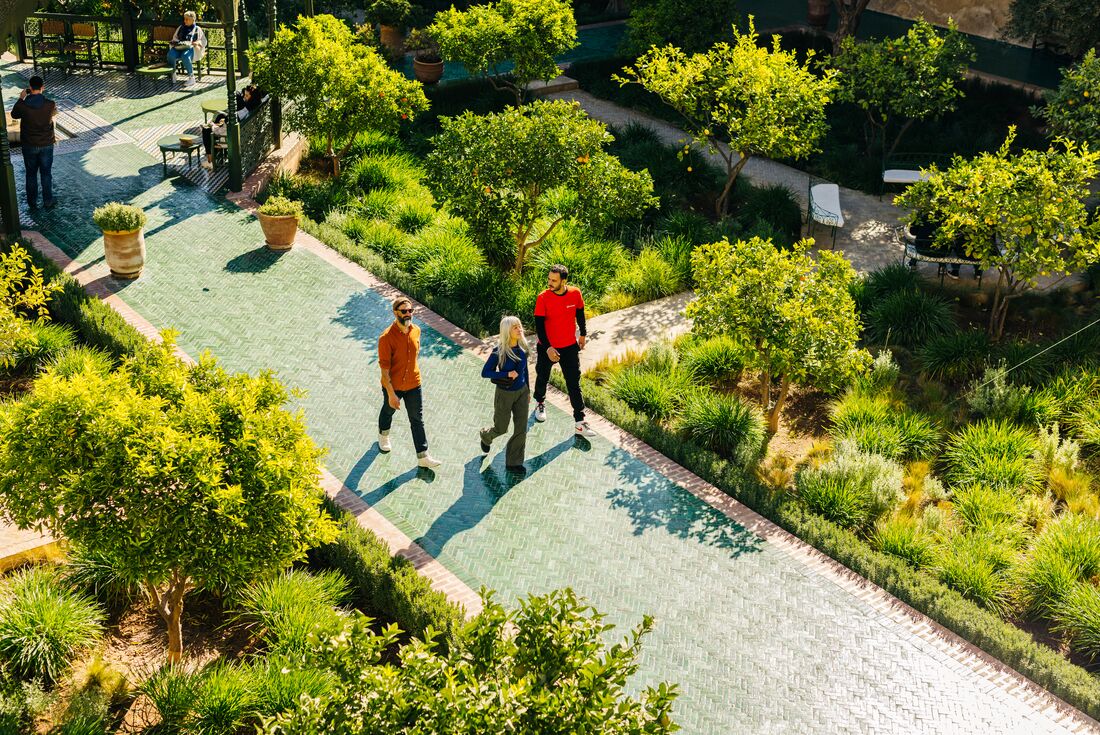 Intrepid travellers and leader walk through Le Jardin Secret in Marrakech, Morocco