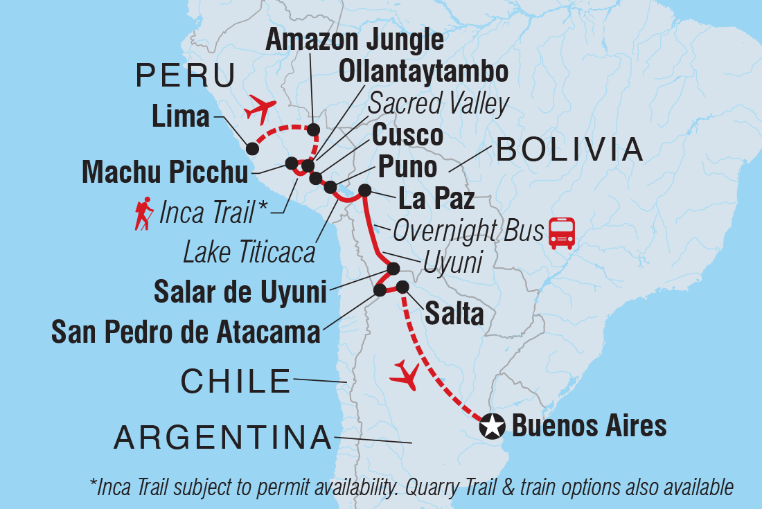 Map of 18 To 35S Epic Peru, Bolivia & Argentina including Argentina, Bolivia, Chile and Peru