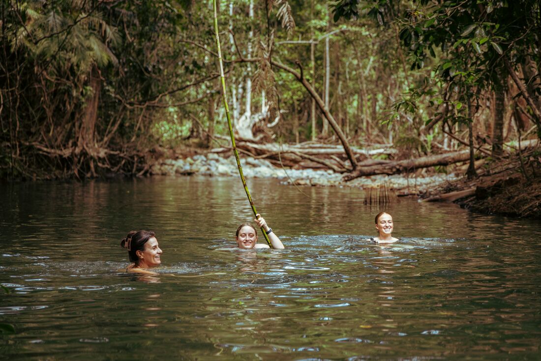Travellers smile and laugh while swimming in freshwater in Cape Tribulation rainforest