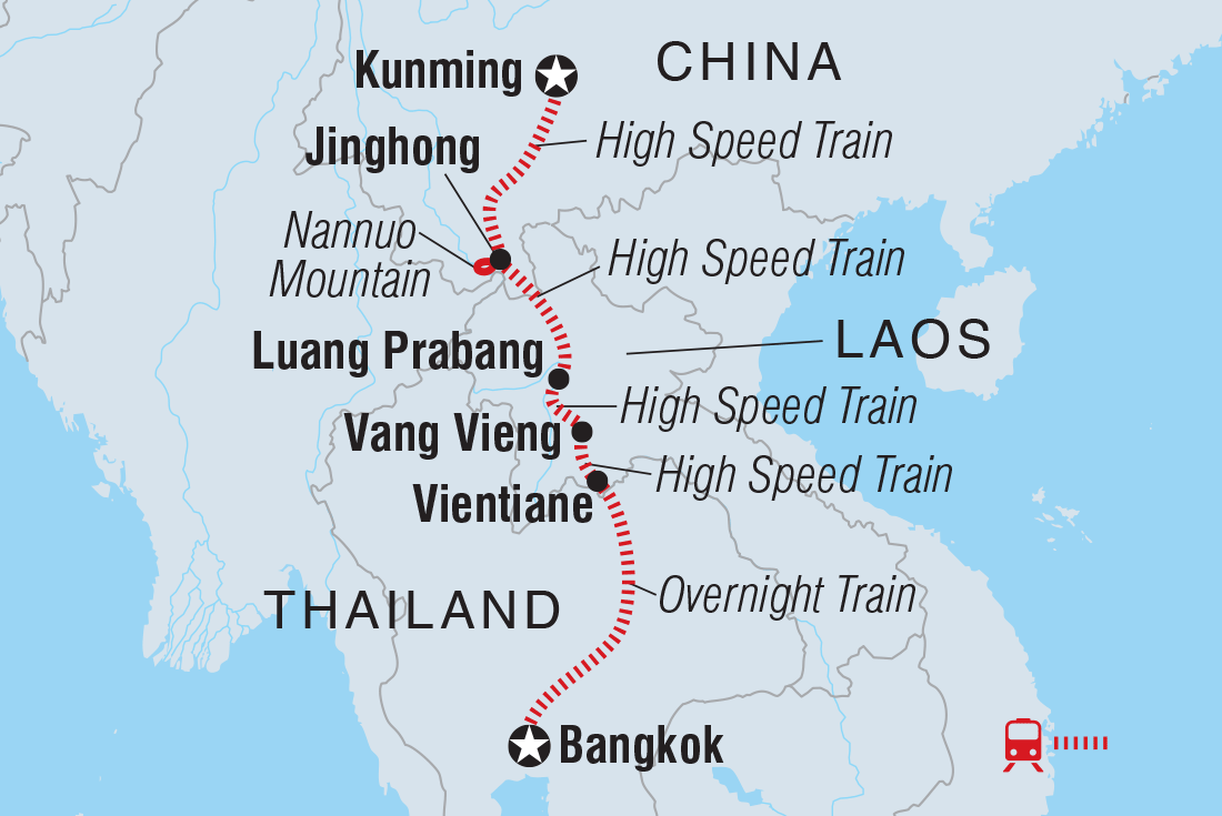 Map of China & Laos: Kunming To Bangkok By Rail including China, Lao Pdr and Thailand