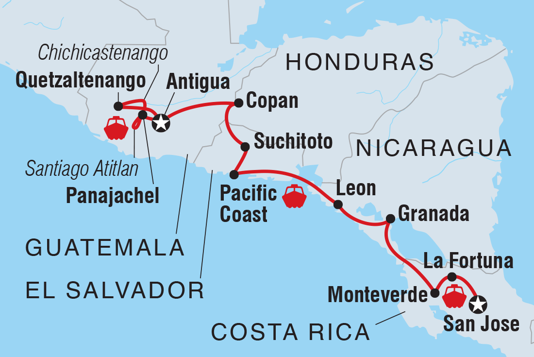 Map of Central American Highlights including Costa Rica, El Salvador, Guatemala, Honduras and Nicaragua