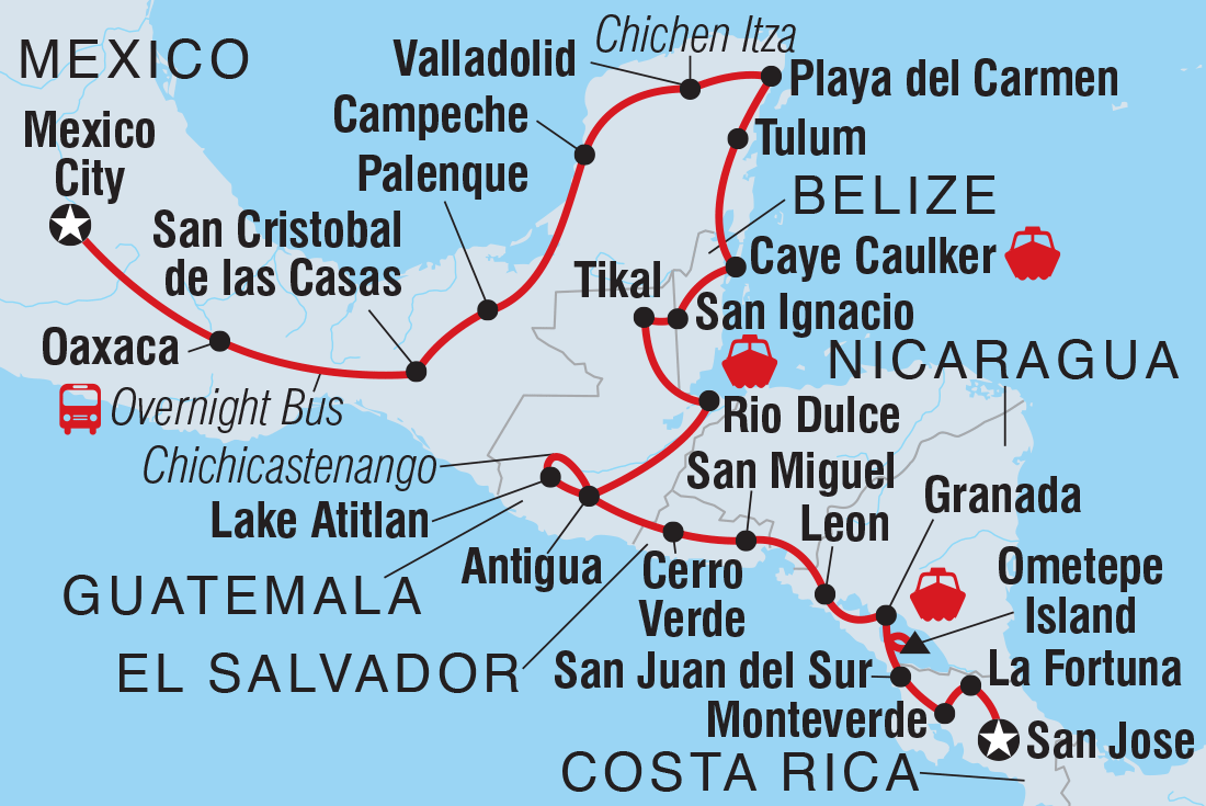 Map of 18 To 35S Epic Central America including Belize, Costa Rica, El Salvador, Guatemala, Honduras, Mexico and Nicaragua