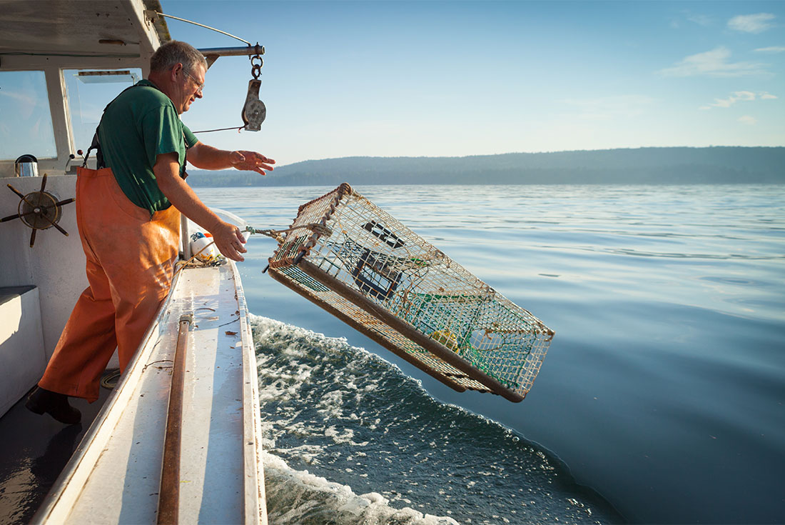 Lobster boat fisherman throwing a lobster trap into the ocean off the shore of Canada's Maritimes