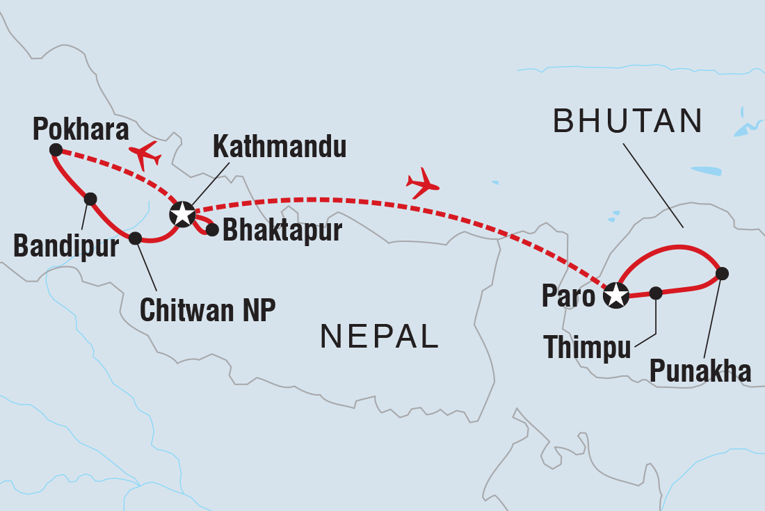 Map of Nepal & Bhutan Journey including Bhutan and Nepal