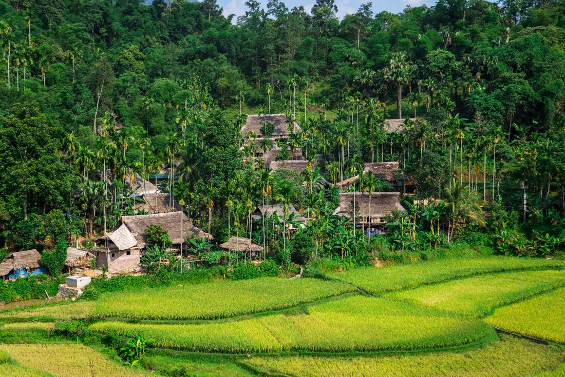 Aerial drone shot of Pu Luong Village in northern Vietnam
