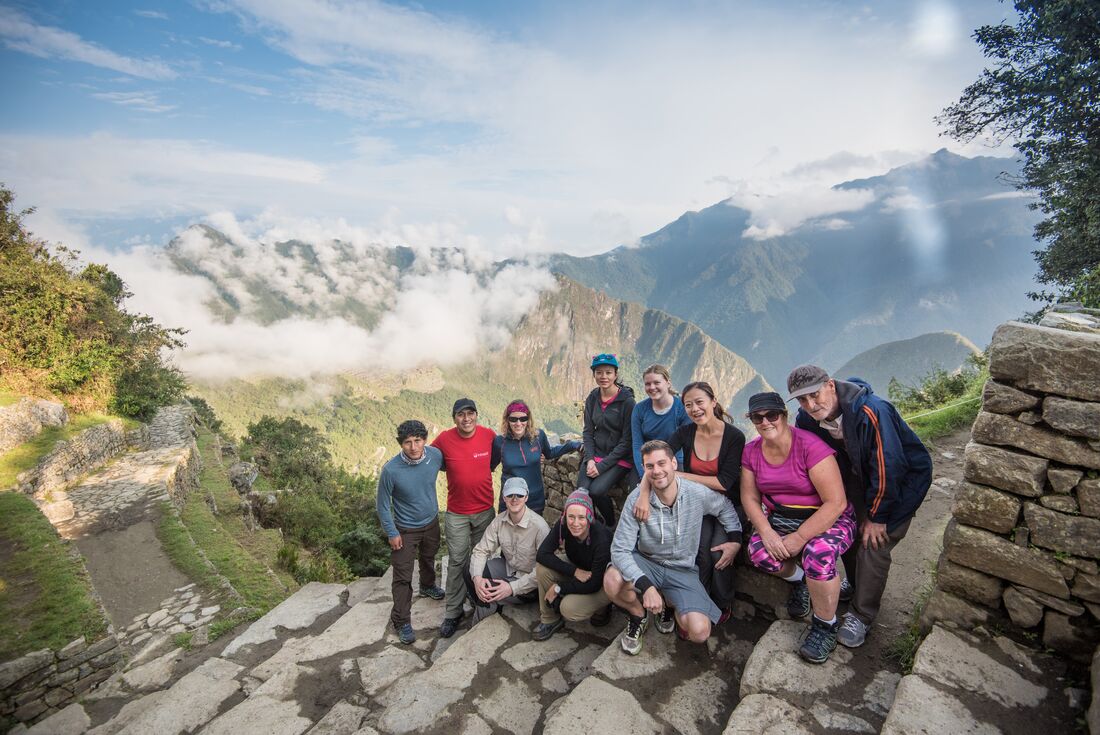 Group shot of Intrepid travellers and leader on the Inca Trail in peru