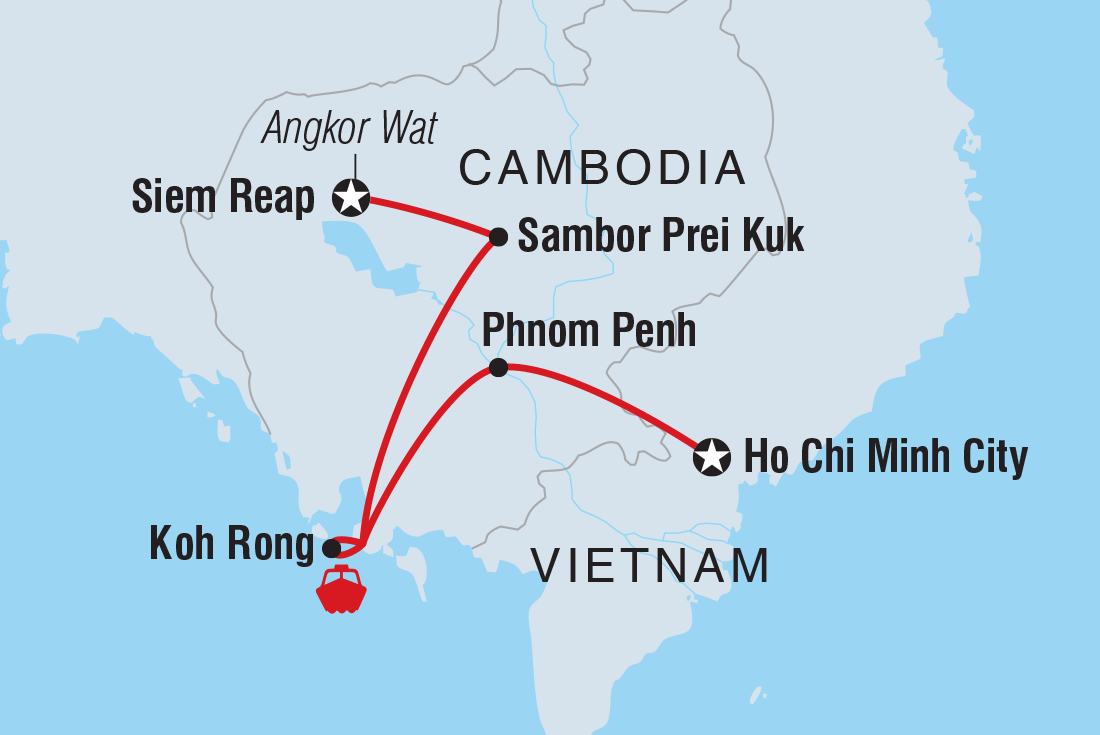 Map of 18 To 35S One Week In Cambodia including Cambodia and Vietnam
