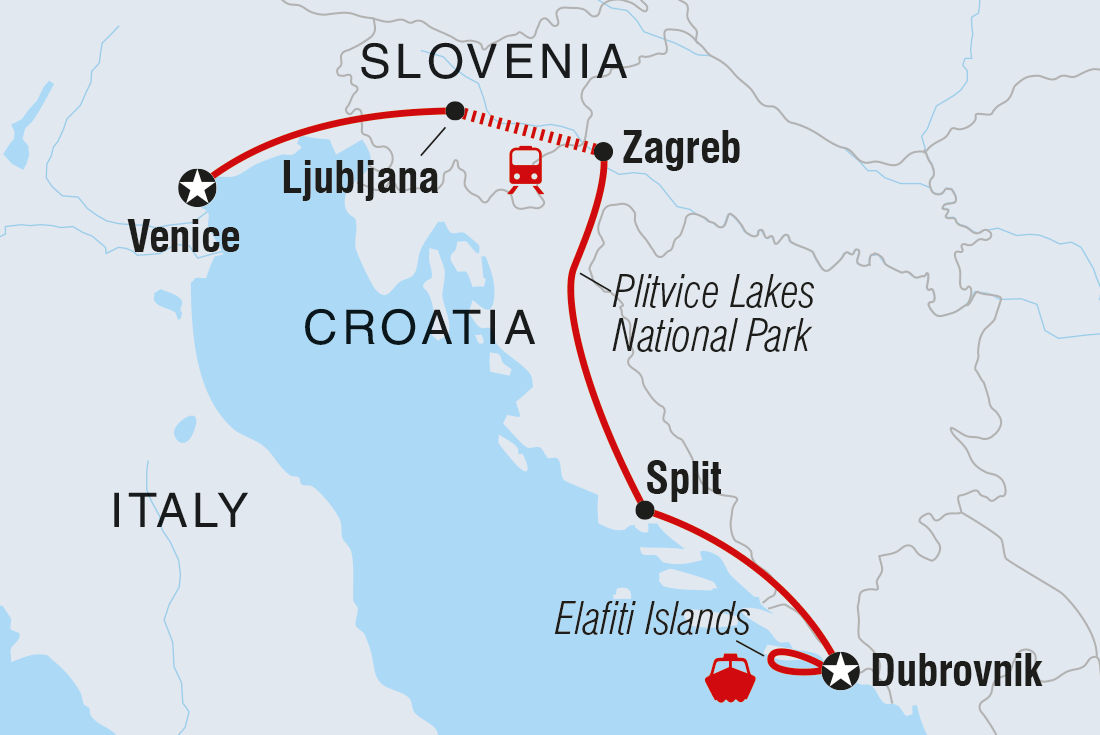 Map of Dubrovnik To Venice including Croatia, Italy and Slovenia