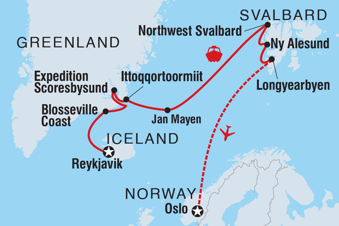 Map of Four Arctic Islands: The Northbound Journey (Ocean Albatros) including Greenland, Iceland, Norway, Svalbard And Jan Mayen Islands and Arctic