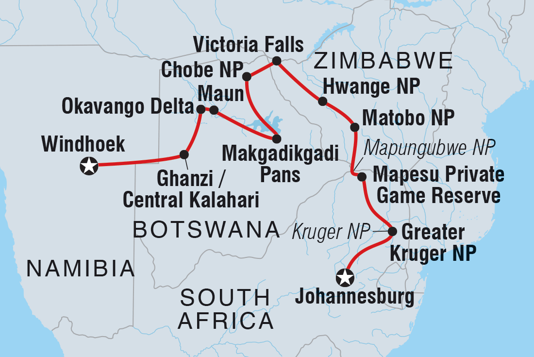 Map of Southern Africa Highlights including Botswana, Namibia, South Africa and Zimbabwe