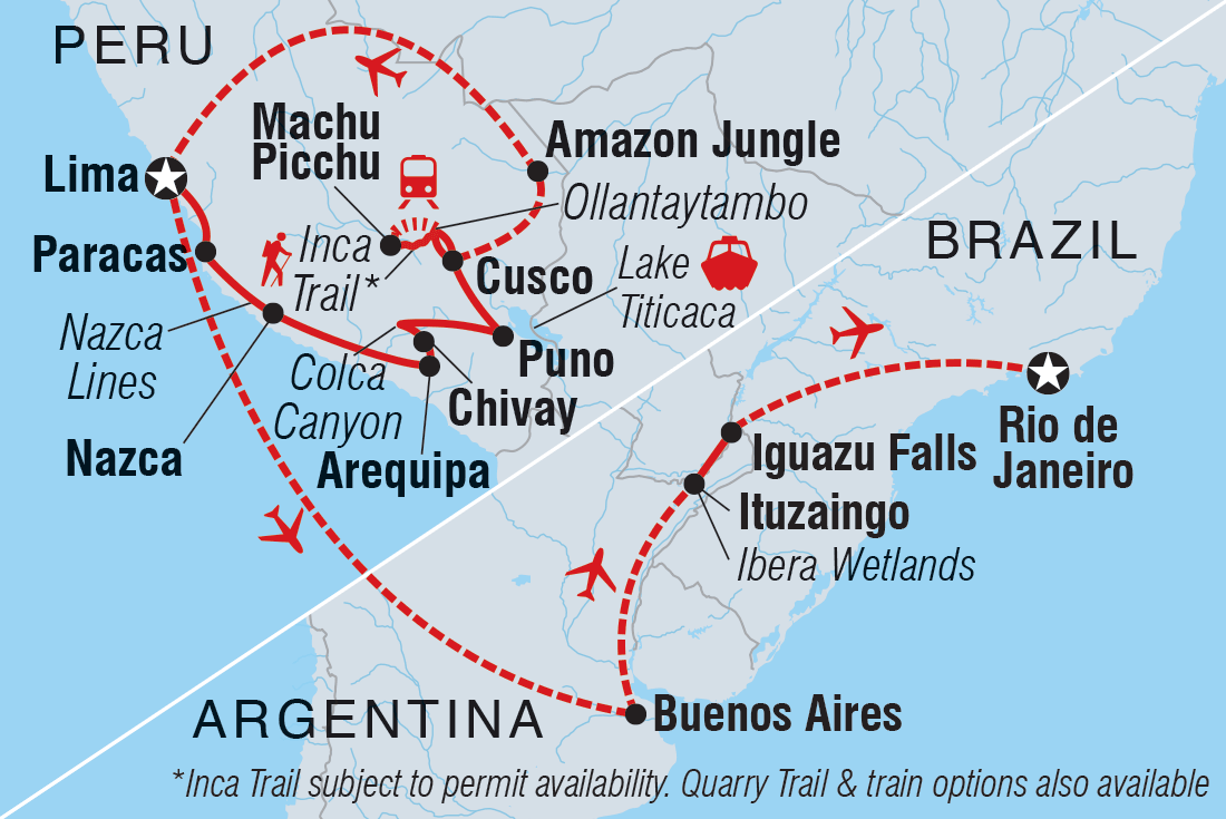 Map of Ultimate Peru, Argentina & Brazil including Argentina, Brazil and Peru