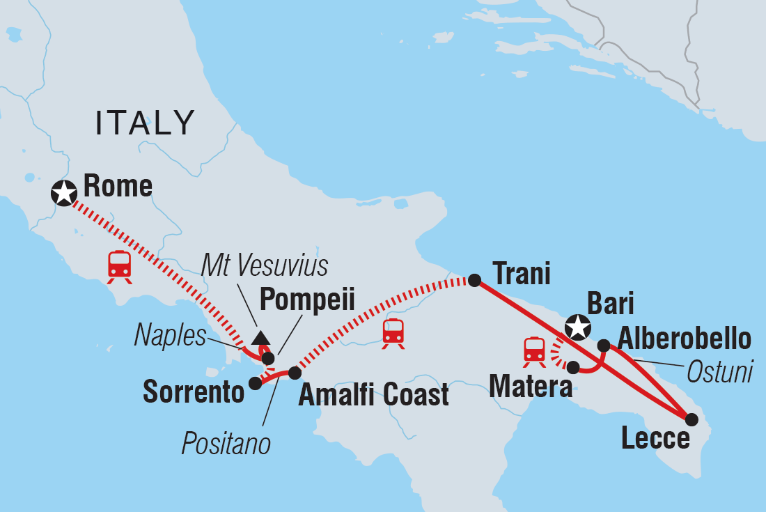 Map of Rome To Southern Italy: Amalfi & Puglia including Italy
