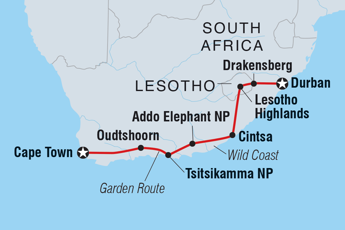 Map of Garden Route Adventure including Lesotho and South Africa