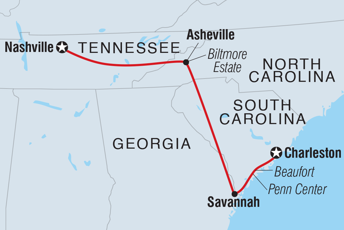 Map of Southern Heritage: Charleston To Nashville including United States Of America