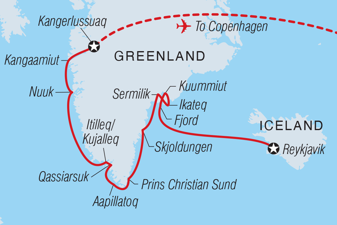 Map of Greenland Explorer (Ocean Victory) including Greenland and Iceland