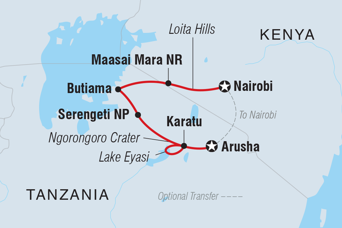 Map of East Africa Family Safari Comfort including Kenya and Tanzania, United Republic Of