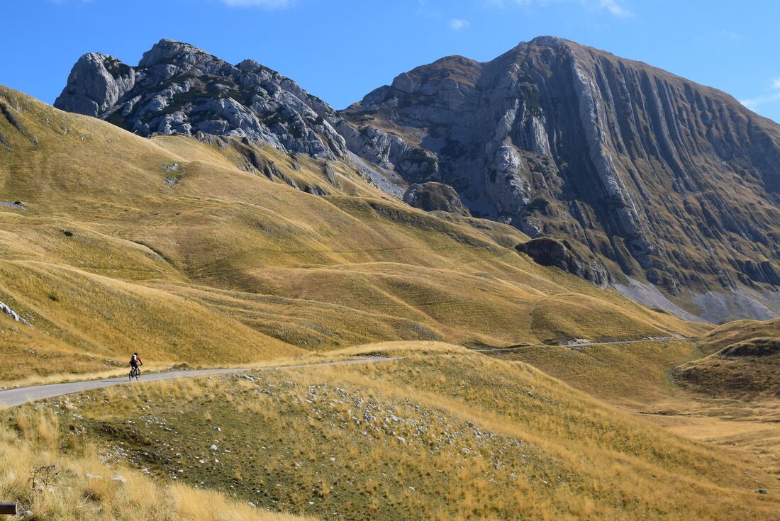 Traveller at the head of group cycles through the mountains and meadows of Durmitor National Park, Montenegro