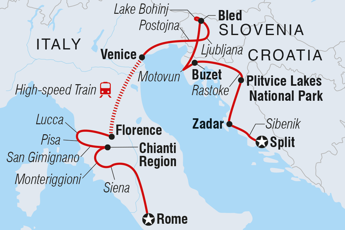 Map of Premium Rome To Split including Croatia, Italy and Slovenia