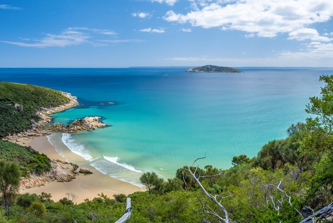 Panoramic view of Squeaky Beach in Wilons Promontory National Park, Victoria