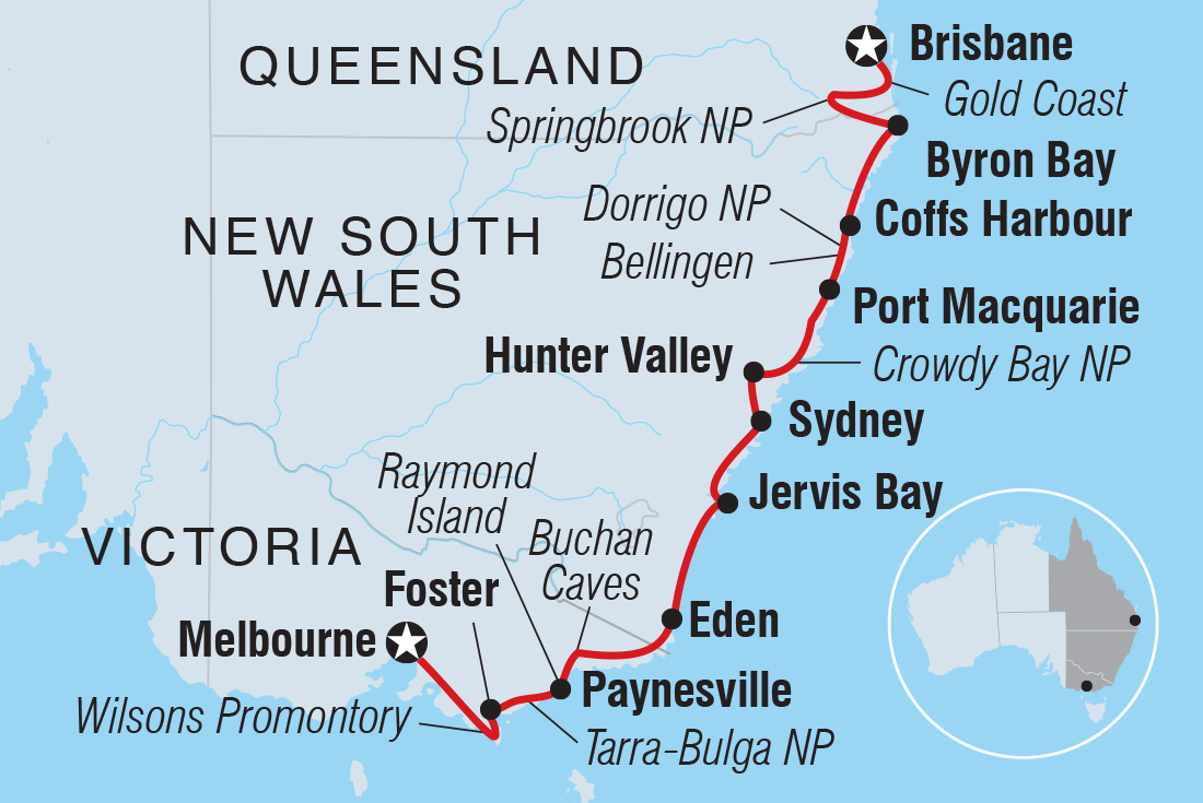 Map of Melbourne To Brisbane Adventure including Australia
